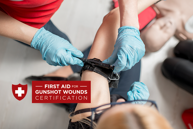First Aid for Gunshot Wounds online training course showing tourniquet application